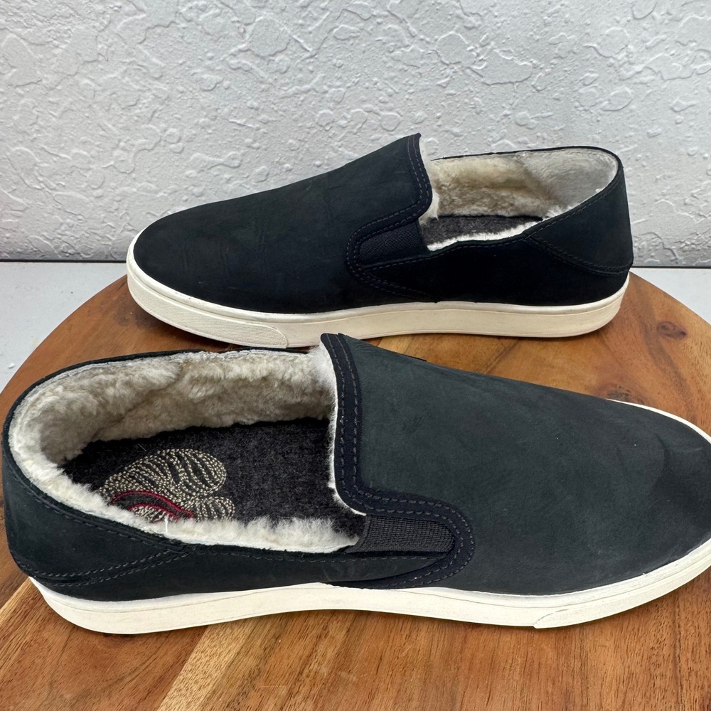 OluKai‎ Pehuea Heu Womens Black Leather Shearling Lined Slip On Shoes W7 - Picture 6 of 8